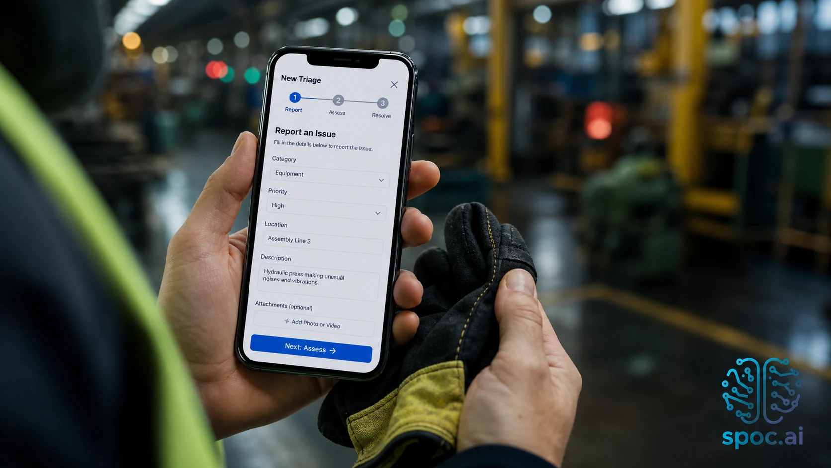 Worker using spoc.ai mobile triage app at industrial worksite