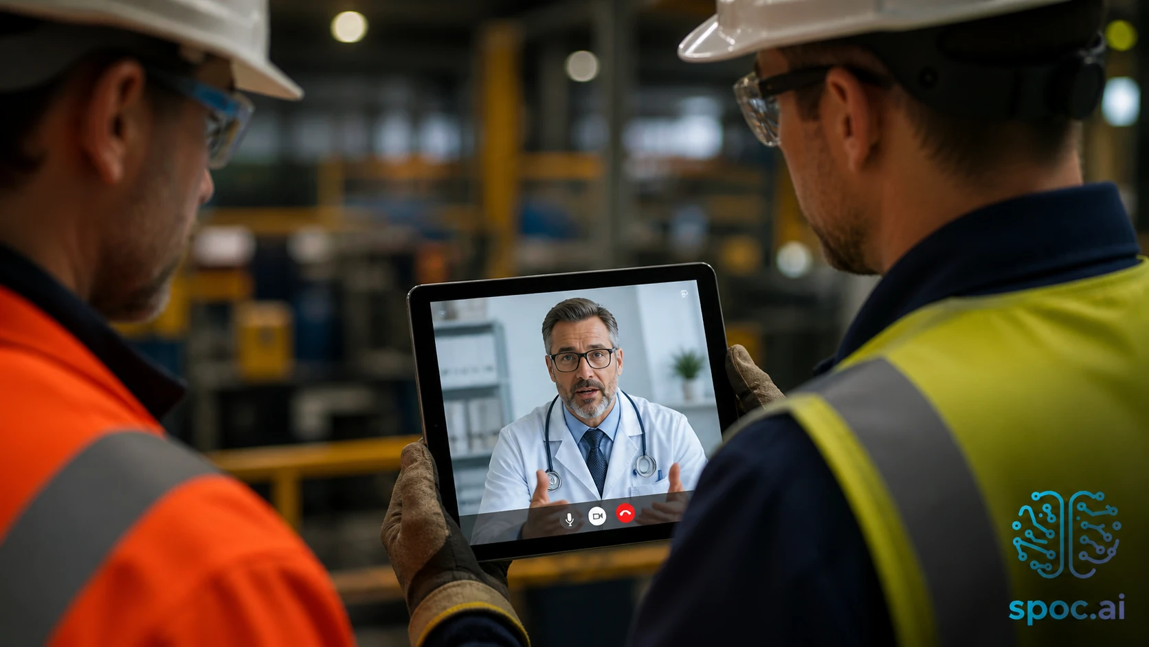 Clinician on video call with safety supervisor at construction site