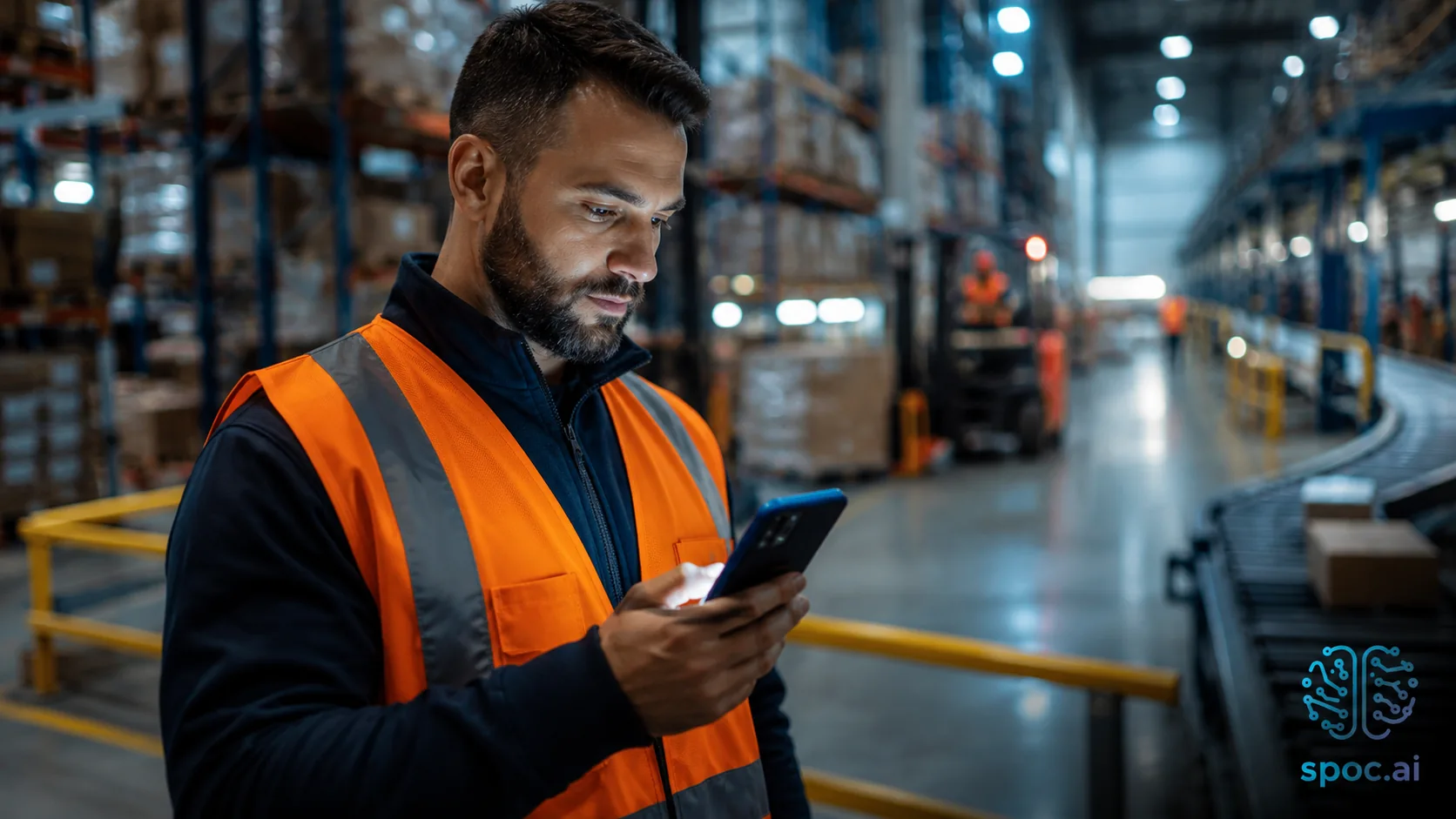 Logistics warehouse worker using mobile injury triage app