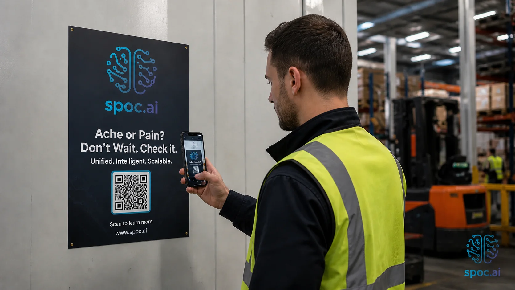 Worker scanning spoc.ai QR code poster on factory wall